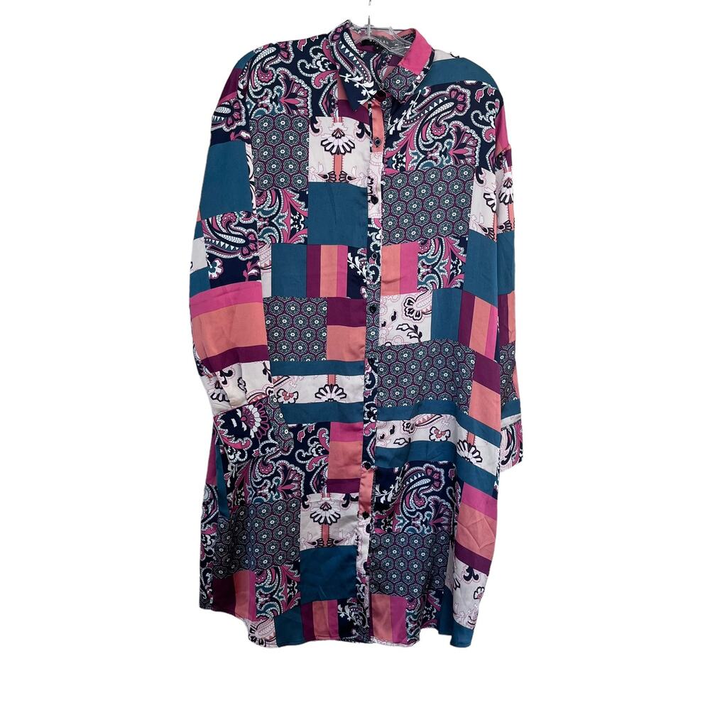 Beulah Style patchwork satin feel shirt dress one size